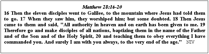 Text Box:                                                       Matthew 28:16-20
16 Then the eleven disciples went to Galilee, to the mountain where Jesus had told them to go. 17 When they saw him, they worshiped him; but some doubted. 18 Then Jesus came to them and said, "All authority in heaven and on earth has been given to me. 19 Therefore go and make disciples of all nations, baptizing them in the name of the Father and of the Son and of the Holy Spirit, 20 and teaching them to obey everything I have commanded you. And surely I am with you always, to the very end of the age."    NIV
 
